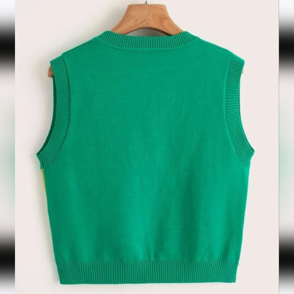 Mushroom Print V Neck Sweater Vest Springtime Green Red Sleeveless S-L - Picture 2 of 6